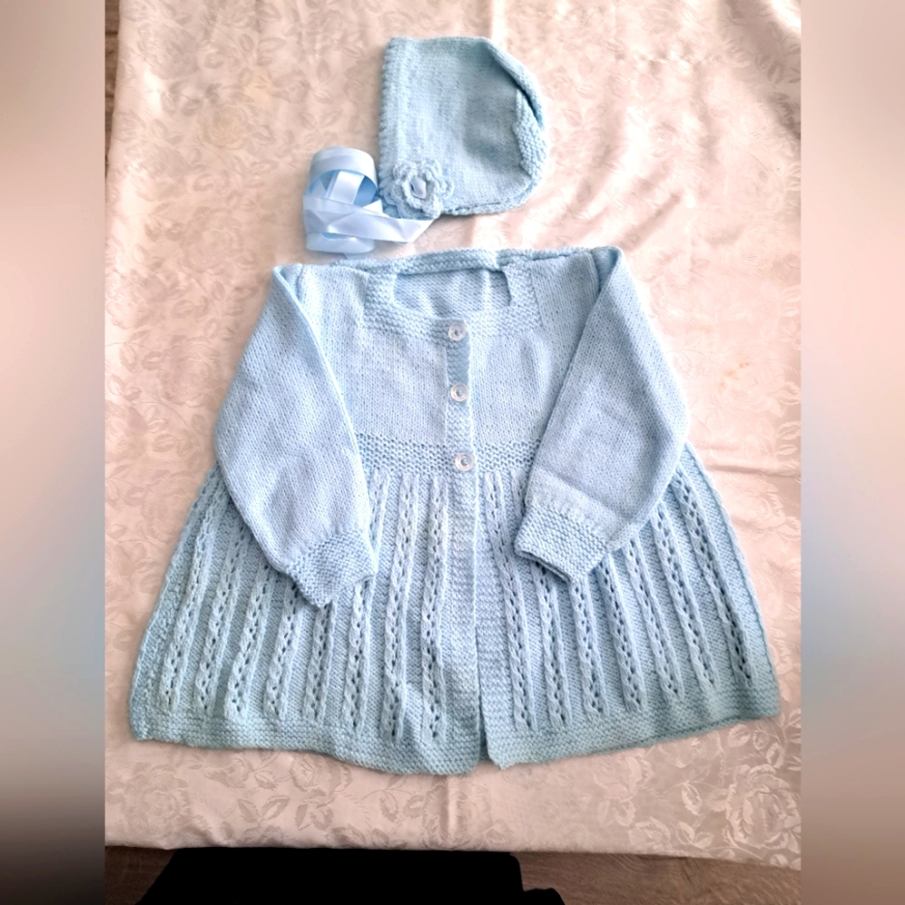Handmade Baby Blue Knit Cardigan and Bonnet Set with booties.